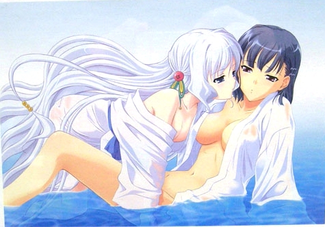 nami (aoi shiro), osanai shouko, aoi shiro, lowres, 2girls, blue hair, blush, breasts, day, hair ornament, long hair, multiple girls, no bra, no panties, open clothes, open shirt, shirt, short hair, sky, very long hair, water, wet, white hair, yuri