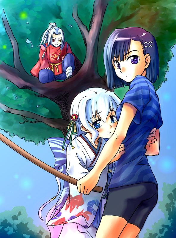 niina ryou, kohaku (aoi shiro), nami (aoi shiro), osanai shouko, aoi shiro, 3girls, bike shorts, bokken, heterochromia, in tree, japanese clothes, katana, kimono, multiple girls, sitting, sitting in tree, sword, tree, weapon, wooden sword
