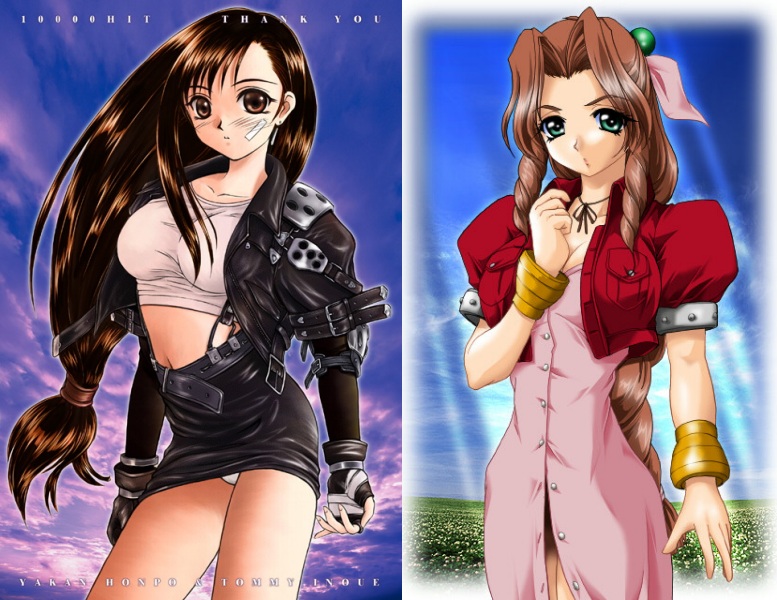 inoue tomii, aerith gainsborough, tifa lockhart, final fantasy, final fantasy vii, 1990s (style), 2girls, bow, breasts, cloud, collage, cropped jacket, day, dress, jacket, leather, leather jacket, long hair, low-tied long hair, multiple girls, pencil skirt, pink bow, pink dress, retro artstyle, shirt, skirt, sky, taut clothes, taut shirt