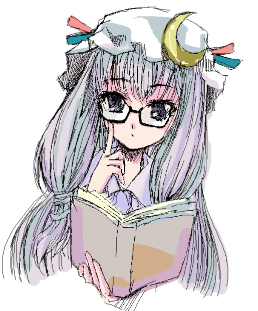 atoshi, patchouli knowledge, touhou, bad id, bad pixiv id, 1girl, adjusting eyewear, bespectacled, book, female focus, glasses, hat, purple eyes, solo, upper body, white background