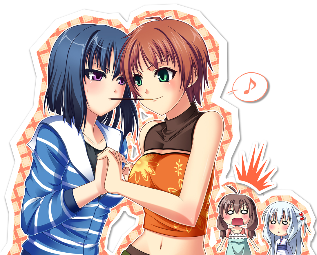shiboru, aizawa yasumi, akita momoko, kyan migiwa, nami (aoi shiro), osanai shouko, aoi shiro, 4girls, blue hair, breasts, brown hair, female focus, food, green eyes, hair bobbles, hair ornament, holding hands, midriff, multiple girls, musical note, navel, o o, pocky, pocky kiss, purple eyes, shared food, short hair, sweat, yuri