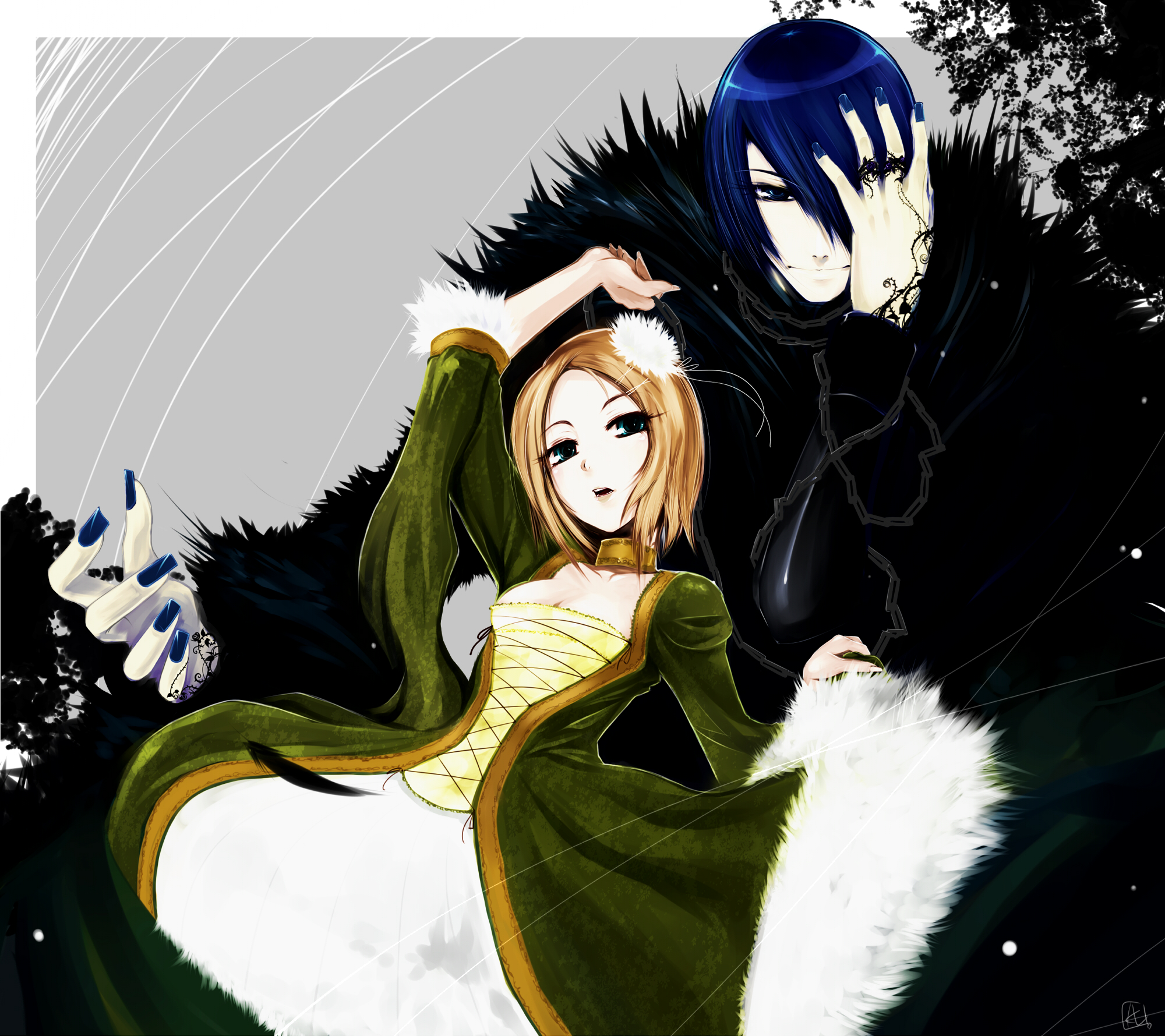 shimizukaeru, kagamine rin, kaito (vocaloid), vocaloid, highres, blonde hair, blue eyes, blue hair, choker, dress, hair over one eye, nail polish, short hair