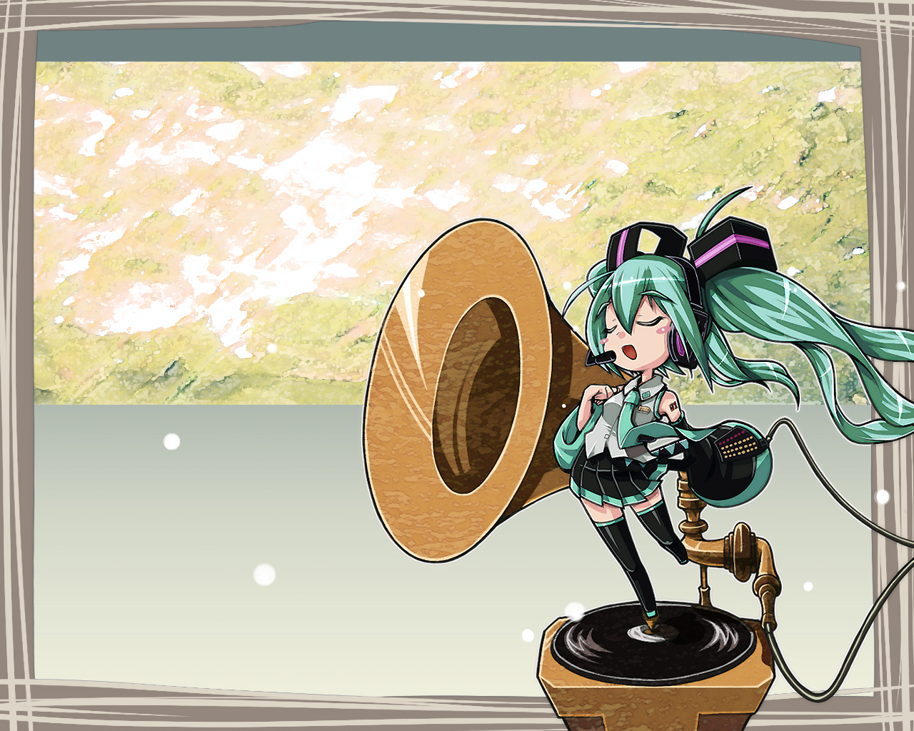 shimizukaeru, hatsune miku, vocaloid, 1girl, aqua hair, chibi, closed eyes, detached sleeves, female focus, long hair, mini person, minigirl, necktie, phonograph, skirt, solo, thighhighs, twintails