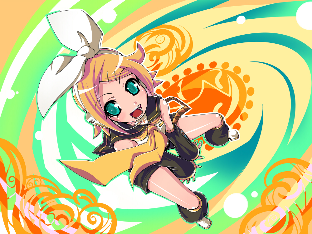 shimizukaeru, kagamine rin, vocaloid, 1girl, aqua eyes, bare shoulders, blonde hair, bow, detached sleeves, female focus, full body, hair bow, headphones, smile, solo