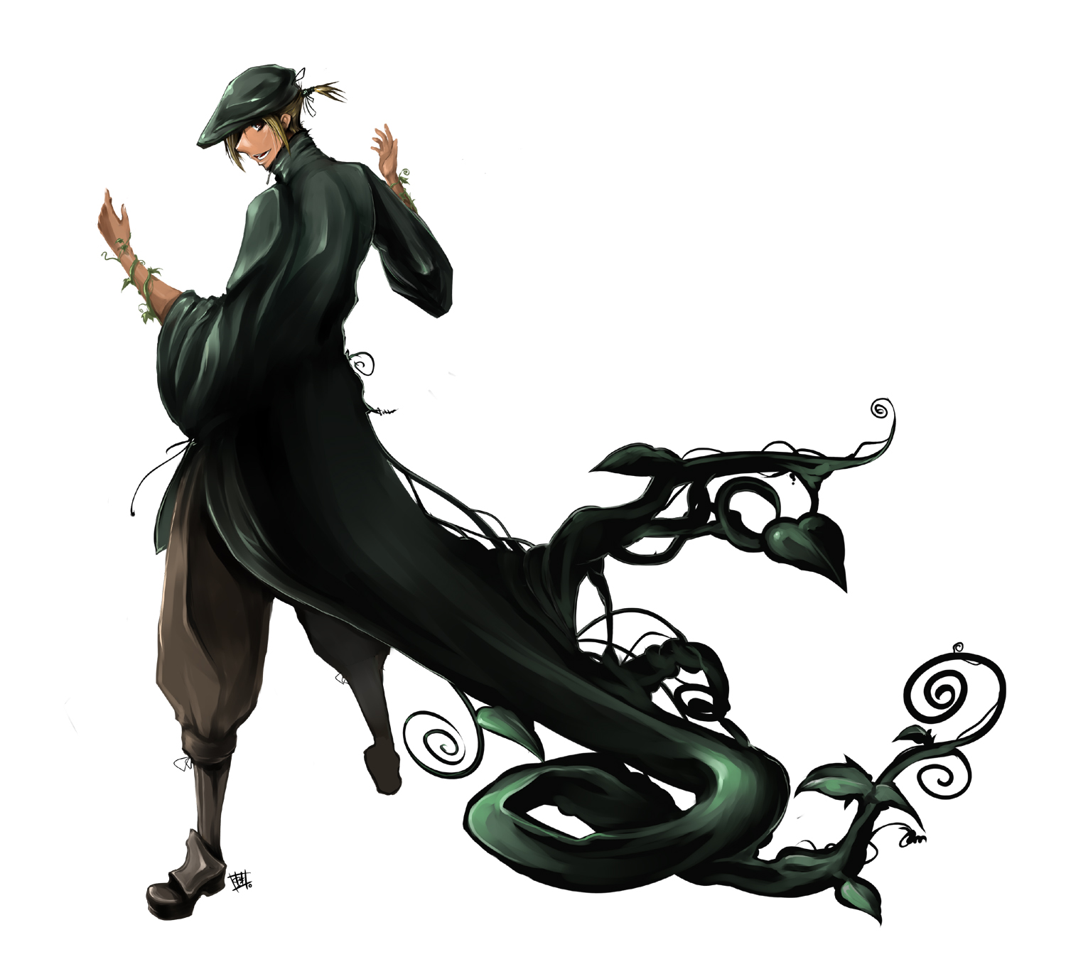 shimizukaeru, original, highres, 1boy, blonde hair, boots, cloak, full body, hat, leaf, looking back, male focus, plant, short hair, simple background, solo