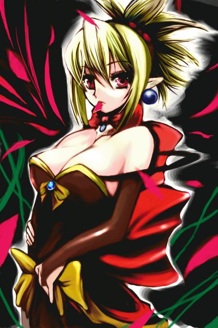 atoshi, rozalin, disgaea, makai senki disgaea 2, bad id, bad pixiv id, 1girl, blonde hair, bow, breasts, cleavage, dress, earrings, female focus, jewelry, large breasts, mouth hold, red eyes, solo, strapless, strapless dress, yellow bow