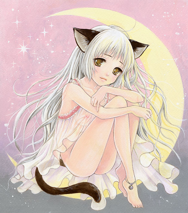toyoda izumi, original, bad id, bad pixiv id, 1girl, animal ears, anklet, babydoll, bare shoulders, barefoot, bottomless, breasts, brown eyes, cat ears, cat tail, crescent, crescent moon, feet, female focus, frills, hugging own legs, jewelry, legs, lingerie, lips, long hair, medium breasts, moon, nipples, see-through clothes, sitting, smile, solo, tail, uncensored, underwear, very long hair, white hair