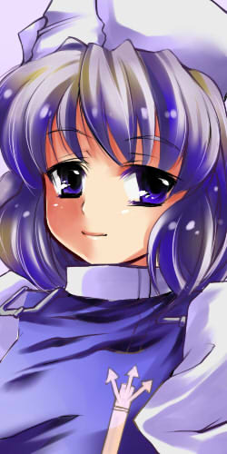 atoshi, letty whiterock, touhou, bad id, bad pixiv id, lowres, 1girl, female focus, hat, purple eyes, short hair, solo