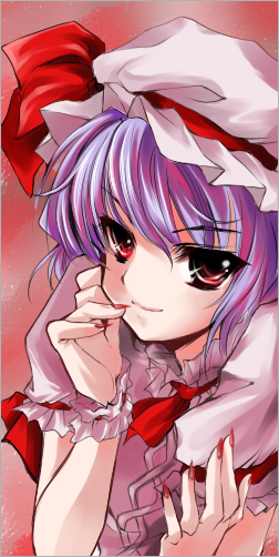 atoshi, remilia scarlet, touhou, bad id, bad pixiv id, 1girl, female focus, fingernails, gradient background, hat, nail (hardware), red eyes, short hair, smile, solo, upper body, vampire