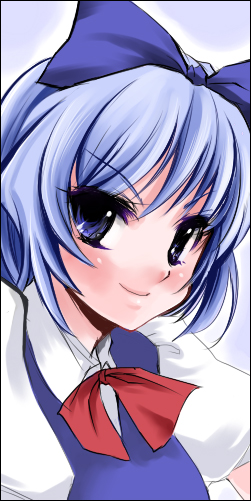 atoshi, cirno, embodiment of scarlet devil, touhou, bad id, bad pixiv id, 1girl, blue eyes, blue hair, female focus, hair ribbon, matching hair/eyes, ribbon, short hair, solo, upper body