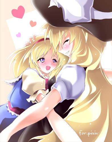 sys.ao, alice margatroid, kirisame marisa, pixiv, touhou, bad id, bad pixiv id, lowres, 2girls, :d, ^ ^, blonde hair, blue dress, blush, closed eyes, dress, female focus, from side, hat, heart, height difference, hug, multiple girls, open mouth, puffy short sleeves, puffy sleeves, short sleeves, smile, witch hat, yuri