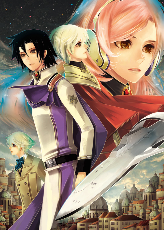 agi (agiroman), jomy marquis shin, keith anyan, soldier blue, tony (toward the terra), toward the terra, uniform, bad id, bad pixiv id, 4boys, aircraft, airship, black hair, blonde hair, cape, city, flying, headphones, male focus, multiple boys, pink hair