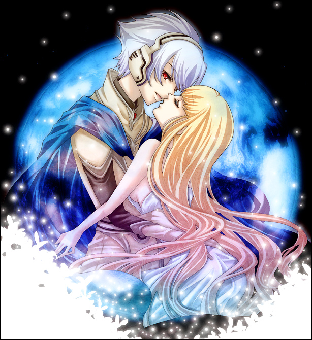 tsutsuji maki, physis, soldier blue, toward the terra, 1boy, 1girl, albino, blonde hair, cape, closed eyes, couple, headphones, hetero, holding, long hair, red eyes, white hair