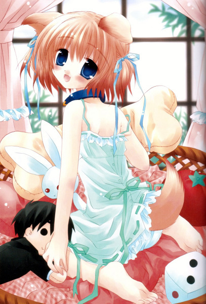 sakurazawa izumi, sachi (pure pure), pure pure, 1girl, animal ears, barefoot, blonde hair, blue eyes, bone, collar, dog ears, dress, female focus, happy, skirt, solo, stuffed animal, stuffed toy, white dress, white skirt