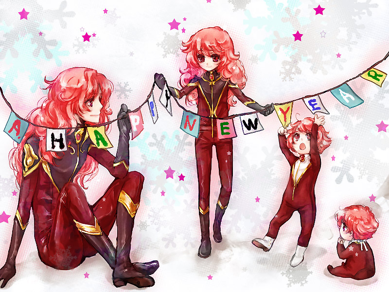 hai yoru, tony (toward the terra), toward the terra, 1boy, child, gradient background, male focus, multiple persona, multiple views, new year, time paradox, white background