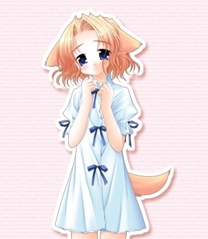 sakurazawa izumi, sachi (pure pure), pure pure, lowres, official art, 1girl, animal ears, blonde hair, blue eyes, blush, bow, dog ears, dog tail, dress, female focus, flat chest, short dress, short hair, smile, solo, standing, striped background, tail, thigh gap, white dress