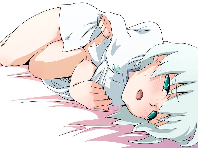 inuzumi, juri sawaragi, battle spirits, battle spirits: shounen toppa bashin, silver hair, gender request, 00s, androgynous, aqua eyes, blush, bottomless, green eyes, lying, male focus, on side, open mouth, short hair, solo, sweat, trap