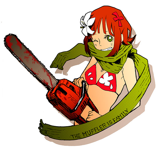 naeto, amami haruka, idolmaster, idolmaster (classic), bad id, bad pixiv id, 1girl, bikini, blood, brown hair, chainsaw, english text, engrish text, female focus, flower, green eyes, hair flower, hair ornament, one eye closed, parody, ranguage, red bikini, scarf, solo, swimsuit, wink