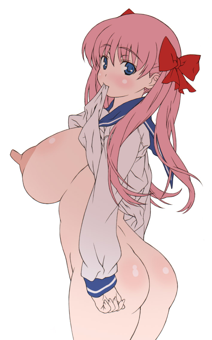 kei (bekei), haramura nodoka, saki (manga), 00s, 1girl, ass, backboob, blue eyes, blush, body blush, bottomless, breasts, clothes lift, female focus, huge breasts, huge nipples, long hair, mouth hold, nipples, pink hair, puffy nipples, school uniform, serafuku, shirt lift, simple background, solo, stick nipples