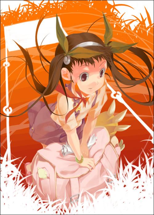 mizuki makoto, hachikuji mayoi, bakemonogatari, monogatari (series), 00s, 1girl, bag, brown hair, female focus, hair ribbon, ribbon, solo, twintails