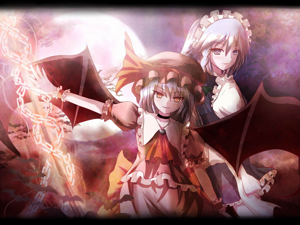 non (nobu), izayoi sakuya, remilia scarlet, touhou, silver hair, 2girls, bat (animal), bat wings, blue eyes, blue hair, braid, chain, female focus, hat, letterboxed, maid headdress, moon, multiple girls, red eyes, twin braids, wings