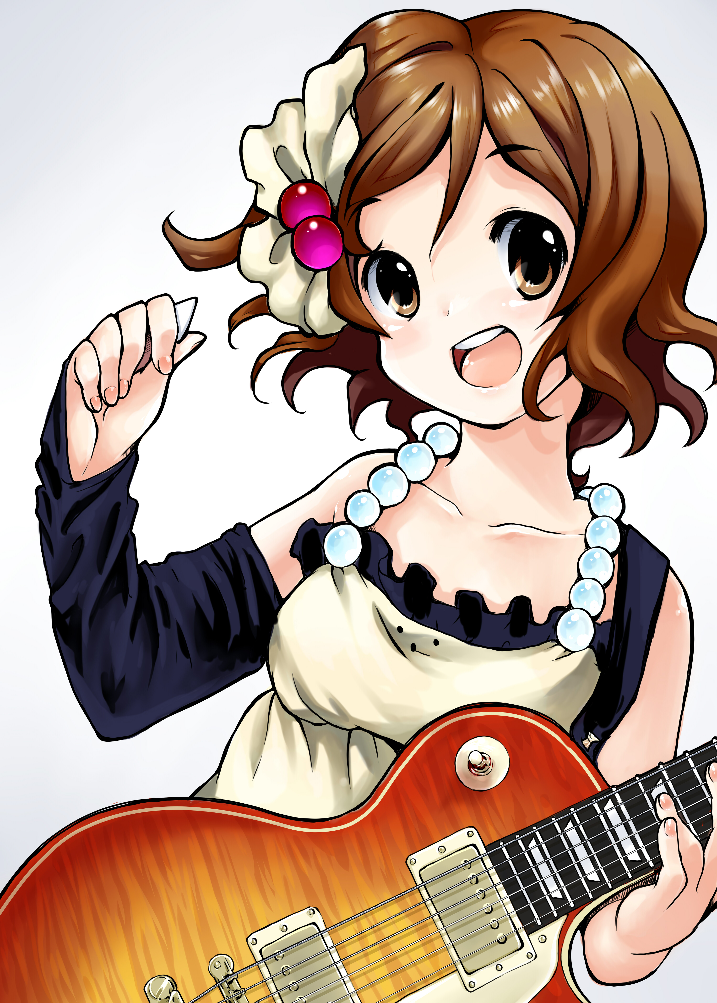 mosho, hirasawa yui, don't say "lazy", k-on!, absurdres, highres, 00s, 1girl, brown eyes, brown hair, dress, electric guitar, female focus, gibson les paul, guitar, instrument, plectrum, short hair, simple background, solo, white background