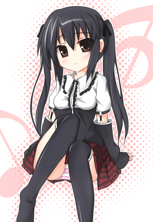 karaage3, nakano azusa, k-on!, 00s, 1girl, black hair, black thighhighs, blush, brown eyes, detached sleeves, female focus, hair ornament, hair ribbon, long hair, looking at viewer, panties, pantyshot, pink panties, plaid clothes, plaid skirt, pleated skirt, ribbon, simple background, sitting, skirt, solo, striped clothes, striped panties, thighhighs, twintails, underwear, upskirt, white background