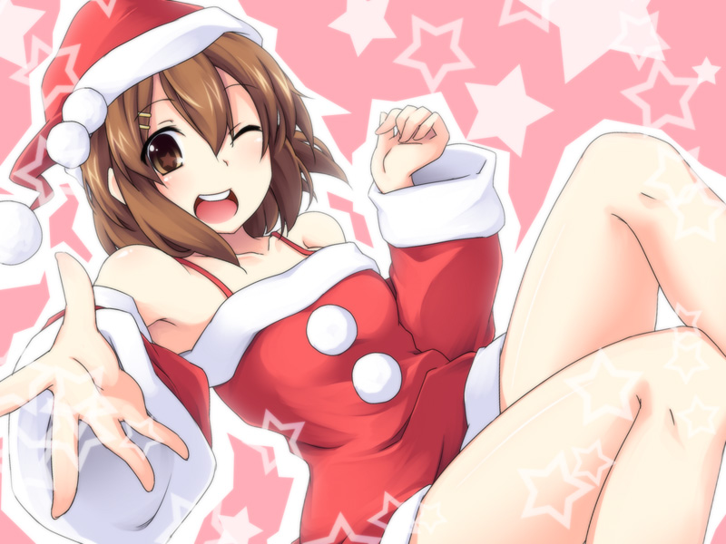 nagami yuu, hirasawa yui, k-on!, 00s, 1girl, bare shoulders, brown eyes, brown hair, female focus, hat, one eye closed, santa costume, santa hat, short hair, solo, star (symbol), wink