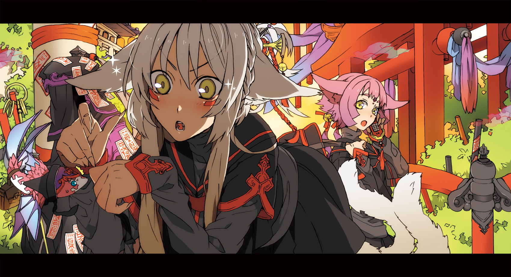 sena (mineruba), sena (pixiv), original, highres, :o, animal ears, blush, cellphone, fish, letterboxed, long hair, nature, phone, pink hair, sparkle, tail, white hair, yellow eyes