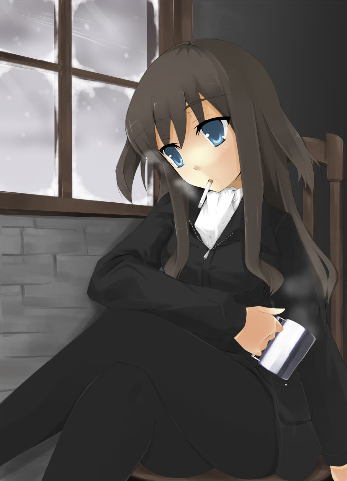 haru (matatabi sanjou), elizabeth f. beurling, strike witches, strike witches: suomus misfits squadron, world witches series, 00s, 1girl, animal ears, black hair, blue eyes, cigarette, crossed legs, cup, female focus, pantyhose, sitting, smoking, solo, window