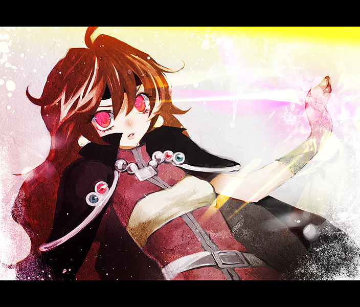 duca, lina inverse, slayers, brown hair, cape, earrings, headband, jewelry, letterboxed, long hair, magic, red eyes, shoulder pads, solo