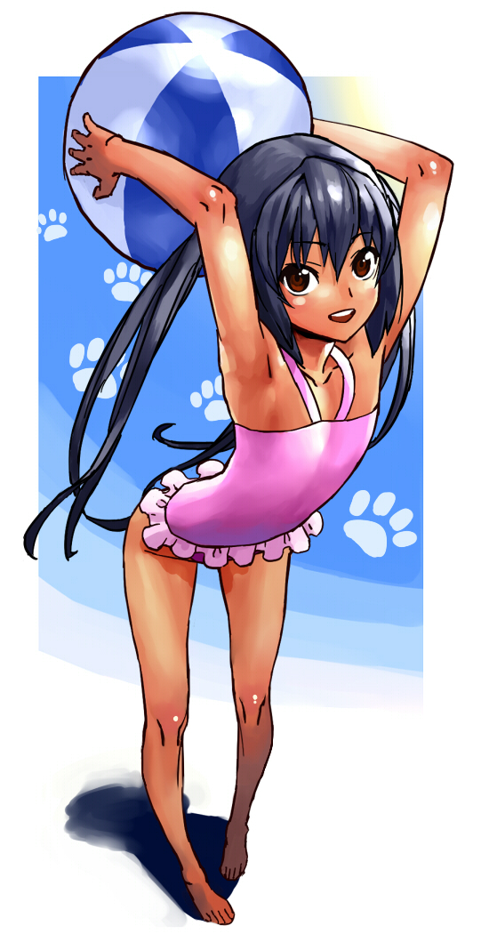 hijiki (b-stroke), nakano azusa, k-on!, 00s, 1girl, armpits, ball, barefoot, beachball, black hair, brown eyes, female focus, flat chest, full body, long hair, one-piece swimsuit, pink one-piece swimsuit, solo, swimsuit, tan, twintails
