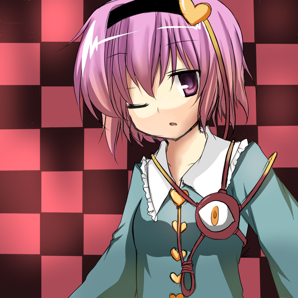 fujishiro emyu, komeiji satori, touhou, bad id, bad pixiv id, 1girl, female focus, hairband, heart, one eye closed, pink hair, purple eyes, purple hair, short hair, solo, wink