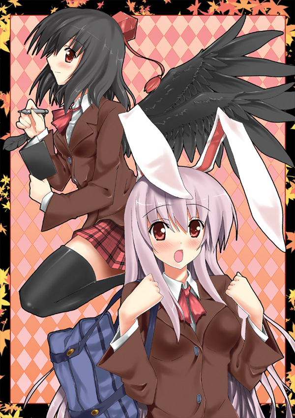 piromizu, reisen udongein inaba, shameimaru aya, touhou, light purple hair, 2girls, :o, alternate costume, argyle background, argyle clothes, bag, black hair, black wings, blazer, blush, border, breasts, contemporary, female focus, jacket, multiple girls, notebook, open mouth, pencil, pink hair, plaid clothes, plaid skirt, school uniform, skirt, thighhighs, upper body, wings, zettai ryouiki