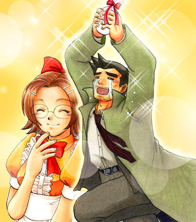 dick gumshoe, maggey byrde, ace attorney, capcom, phoenix wright: ace attorney – trials and tribulations, lowres, black hair, brown hair, coat, formal clothes, glasses, necktie, ribbon, short hair, smile, suit, tears, trench coat, waitress
