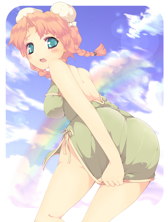 uruu gekka, hong meiling, embodiment of scarlet devil, touhou, 1girl, alternate hairstyle, ass, blue eyes, breasts, bun cover, double bun, dress, female focus, orange hair, outdoors, red hair, sky, solo