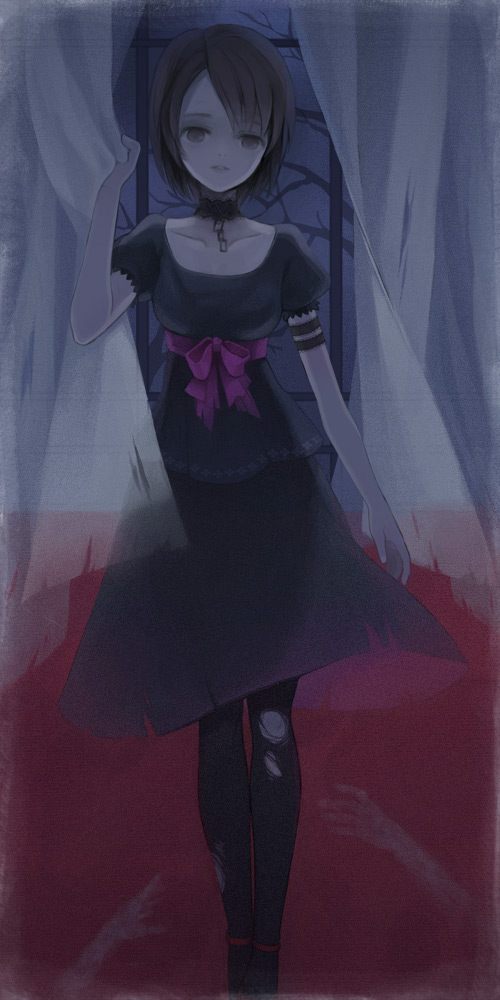 matsurika, tsukimori madoka, fatal frame, fatal frame: mask of the lunar eclipse, torn legwear, brown eyes, brown hair, choker, dark, pantyhose, solo, thighhighs, torn clothes