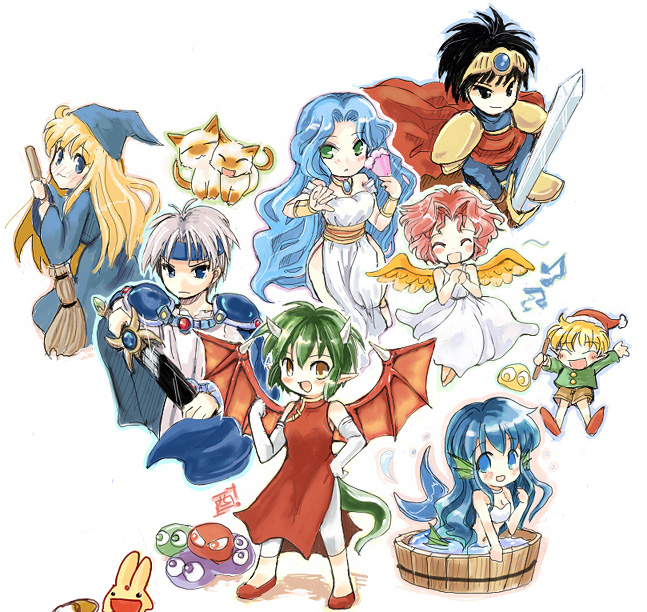 akai tori, arle nadja, carbuncle (puyopuyo), draco centauros, harpy (puyopuyo), lagnus the brave, panotty, puyo (puyopuyo), rulue (puyopuyo), schezo wegey, serilly (puyopuyo), witch (puyopuyo), compile, madou monogatari, puyopuyo, silver hair, 3boys, 5girls, armor, bathing, black hair, blue hair, blush, bucket, gem, green hair, headpiece, holding, holding sword, holding weapon, horns, looking at viewer, multiple boys, multiple girls, parted bangs, partially submerged, pom pom beanie, short hair, simple background, spiked hair, sword, water, weapon, white background, wings