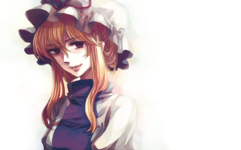 maco (munya), yakumo yukari, touhou, bad id, bad pixiv id, 1girl, blonde hair, breasts, brown eyes, female focus, gradient background, hat, solo, upper body, white background