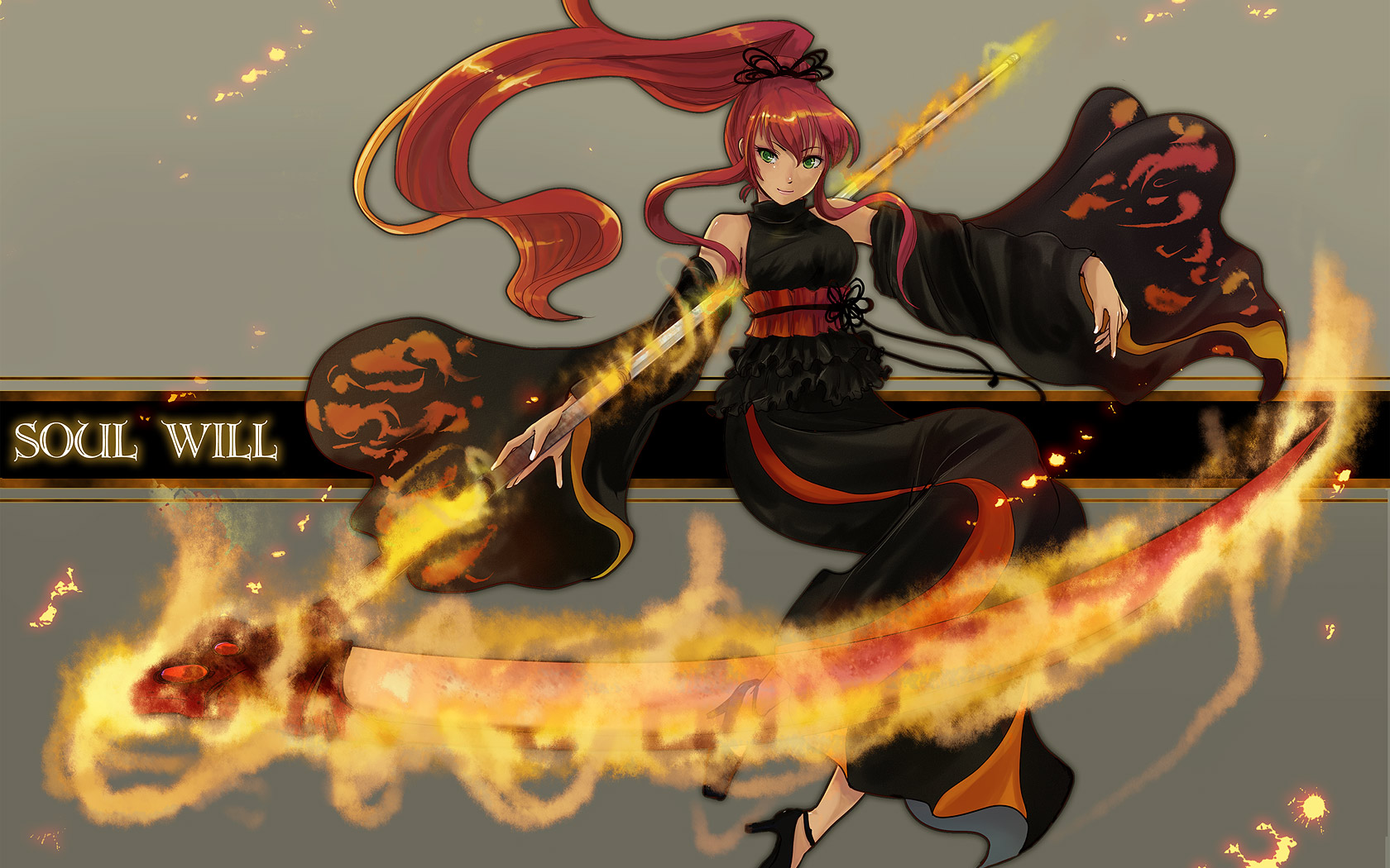 akai tori, original, bad id, bad pixiv id, highres, 1girl, detached sleeves, female focus, fire, green eyes, high heels, ponytail, red hair, scythe, shoes, solo