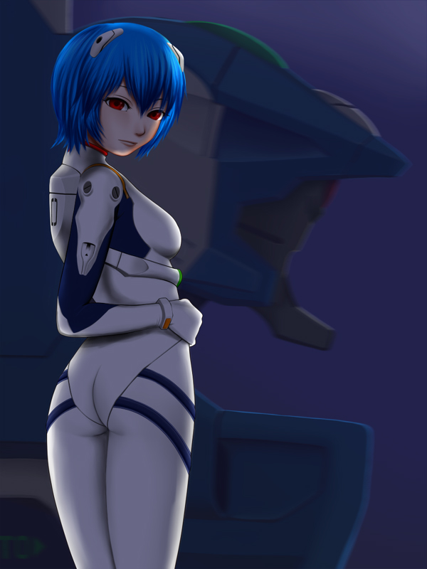 tana-ka, ayanami rei, eva 00, neon genesis evangelion, light, bad id, bad pixiv id, 1girl, ass, back, backlighting, blue hair, blurry, bodysuit, bracer, breasts, closed mouth, cyclops, depth of field, female focus, flat ass, from behind, from side, gloves, hair between eyes, hand on own hip, headgear, hip focus, legs together, light smile, lips, looking at viewer, looking back, mecha, mecha pilot suit, medium breasts, one-eyed, plugsuit (evangelion), red eyes, robot, shade, shadow, short hair, smile, solo, standing, turtleneck