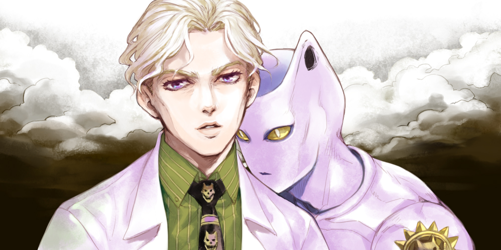haato, killer queen, kira yoshikage, jojo no kimyou na bouken, bad id, bad pixiv id, 1boy, animal ears, blonde hair, cat boy, cat ears, formal clothes, male focus, necktie, purple eyes, slit pupils, stand (jojo), suit