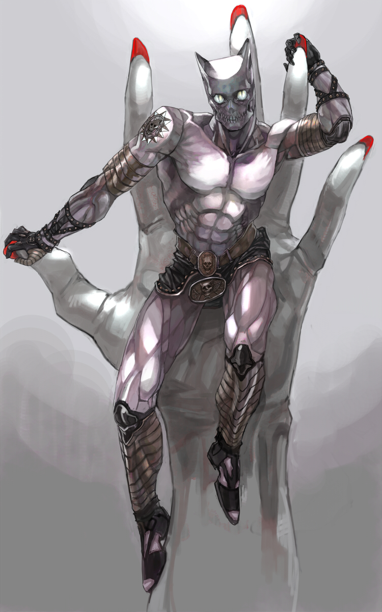 touge (kubiwa tsuki), bite the dust, killer queen, jojo no kimyou na bouken, bad id, bad pixiv id, highres, abs, fingernails, long fingernails, muscular, nail polish, no humans, red nails, slit pupils, solo, stand (jojo)