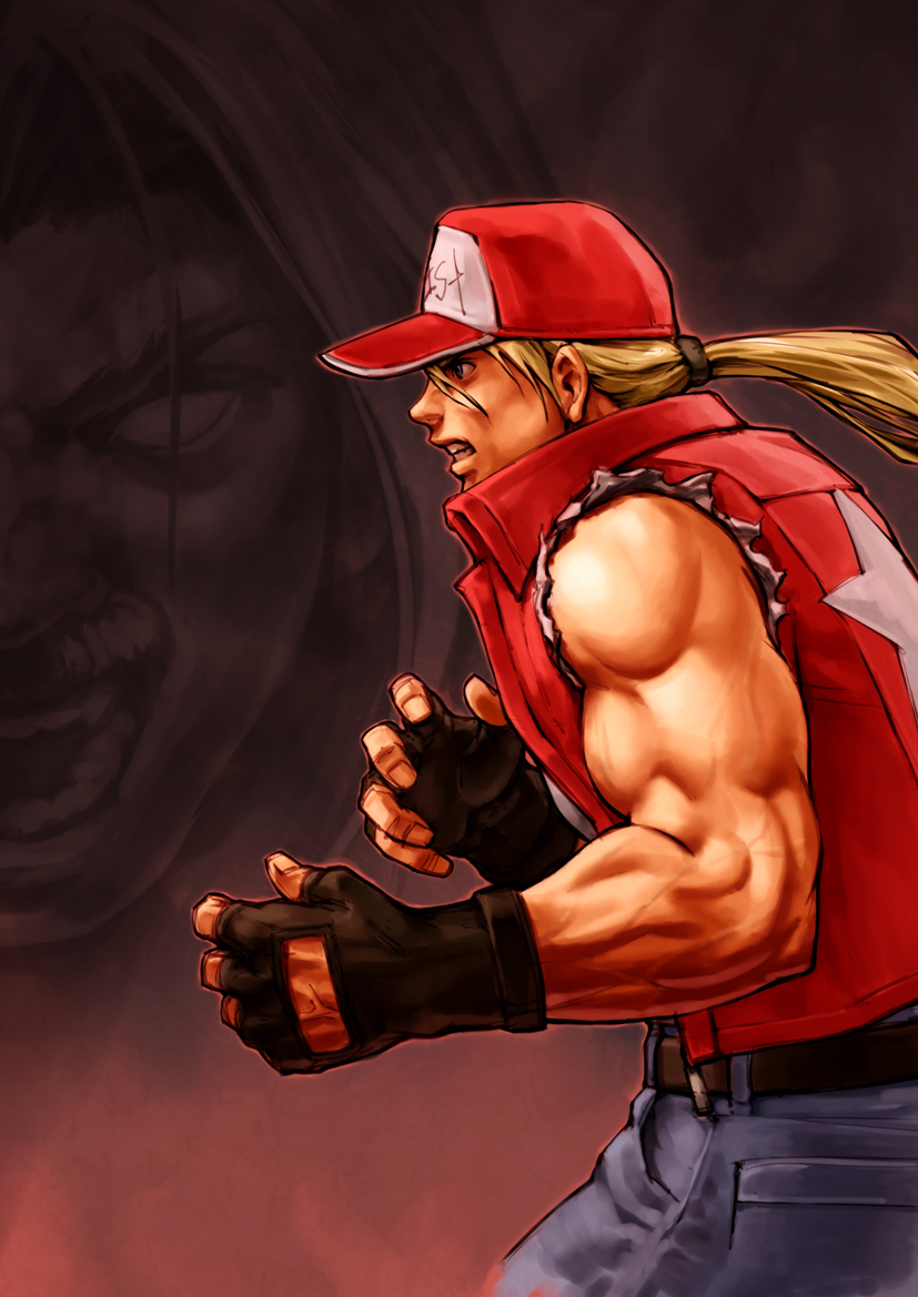 simulex, rugal bernstein, terry bogard, fatal fury, snk, the king of fighters, 1boy, baseball cap, belt, buckle, clenched hands, cowboy shot, denim, fighting stance, from side, hat, jeans, male focus, muscular, pants, solo, upper body