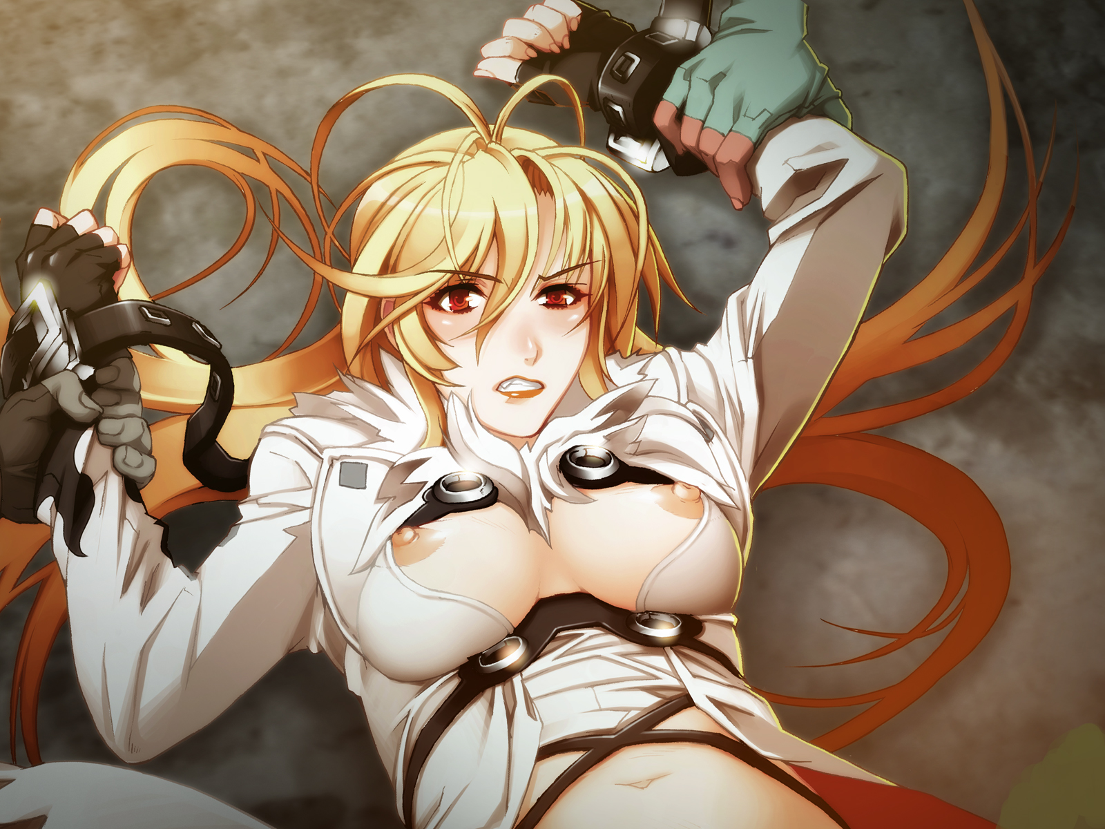 nishii (damnedrive), donne anonime, nitroplus, zoku satsuriku no django, highres, 1girl, ahoge, belt, blonde hair, breasts, coat, female focus, fingerless gloves, gloves, long hair, nipple slip, nipples, red eyes, solo