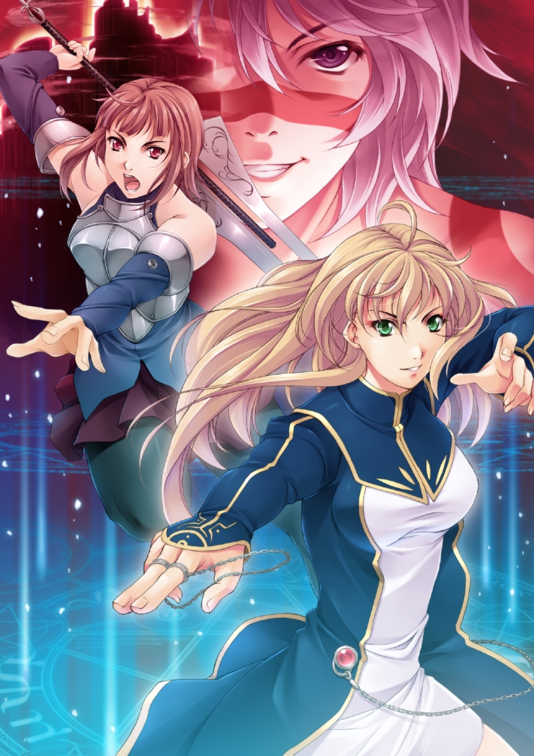 mukunokino isshiki, original, armor, bare shoulders, blonde hair, brown hair, green eyes, grin, long hair, pink hair, purple eyes, smile, sword, weapon