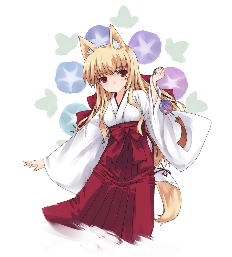 ktsecond, original, bad id, bad pixiv id, animal ears, blonde hair, fox ears, japanese clothes, miko, red eyes, solo, tail, wind chime