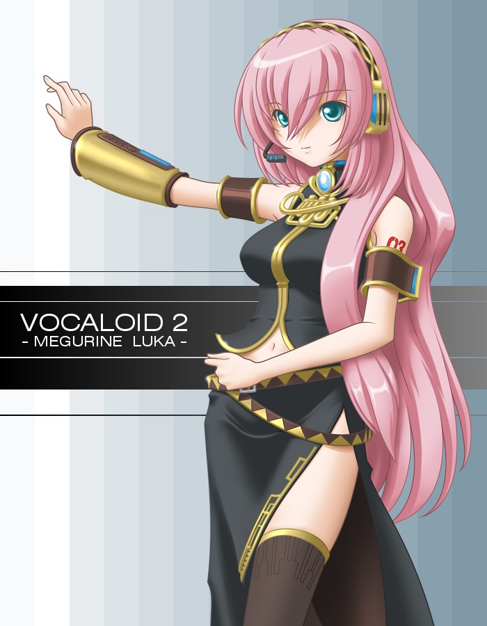 t2r, megurine luka, vocaloid, aqua eyes, bare shoulders, detached sleeves, headset, long hair, navel, pink hair, side slit, solo, thighhighs
