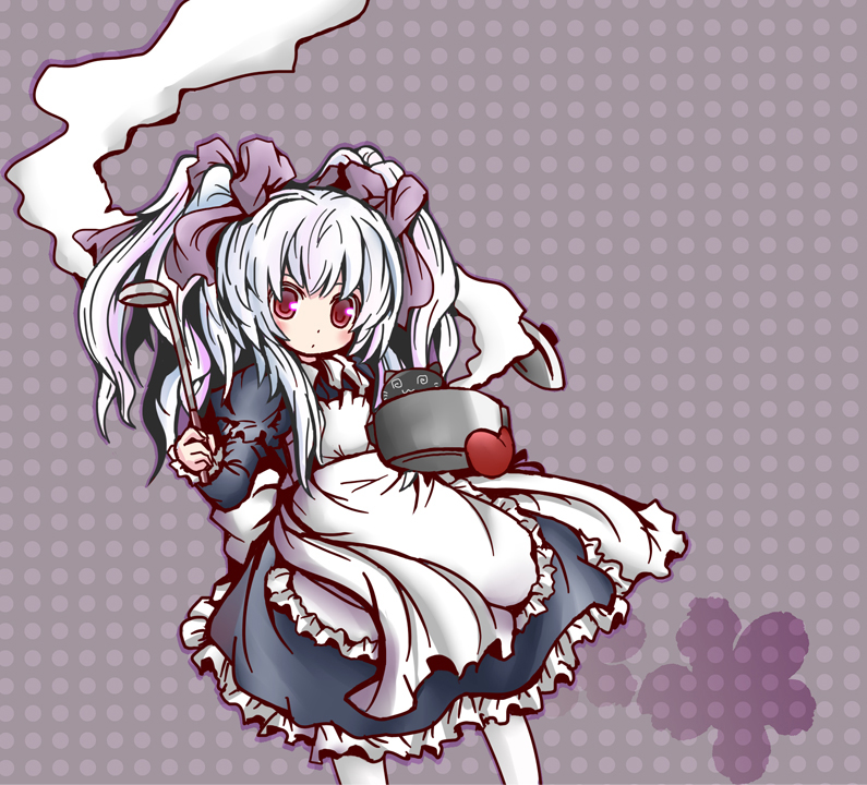 shio poteto, 3.1-tan, os-tan, silver hair, dress, hair ribbon, ladle, oven mitts, red eyes, ribbon, solo