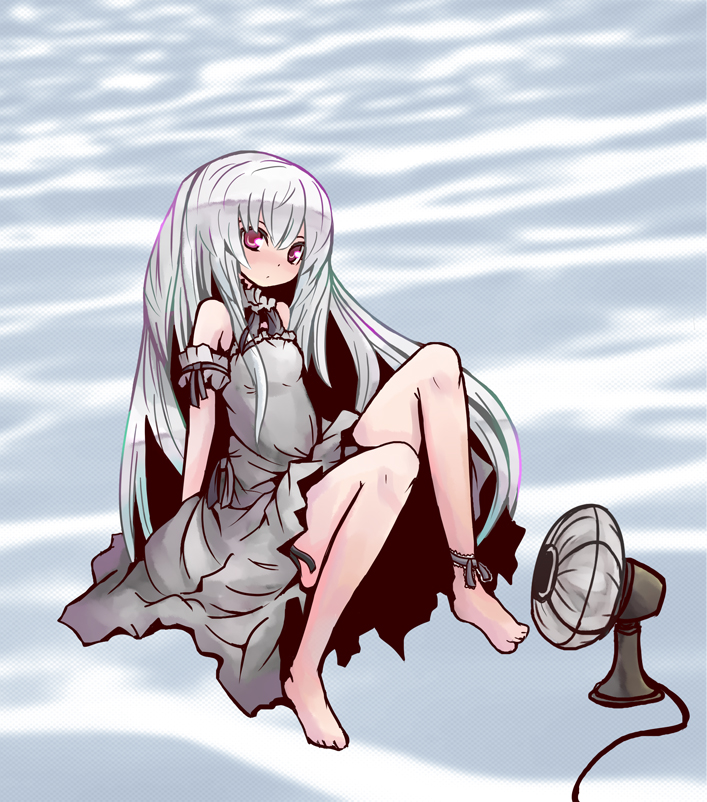 shio poteto, original, silver hair, 1girl, barefoot, dress, electric fan, fanning crotch, fanning self, female focus, long hair, red eyes, solo